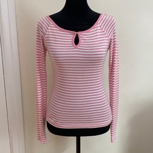 Pink and white horizontal stripped key hole long sleeve tee